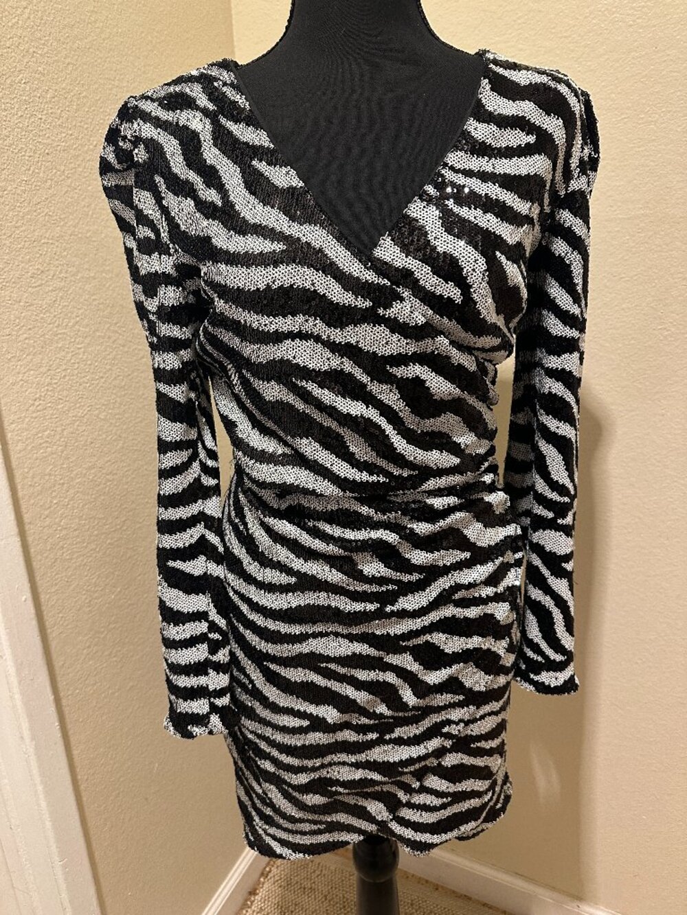 Bardot Zebra Sequin Mini Dress Black White Size 10 / L